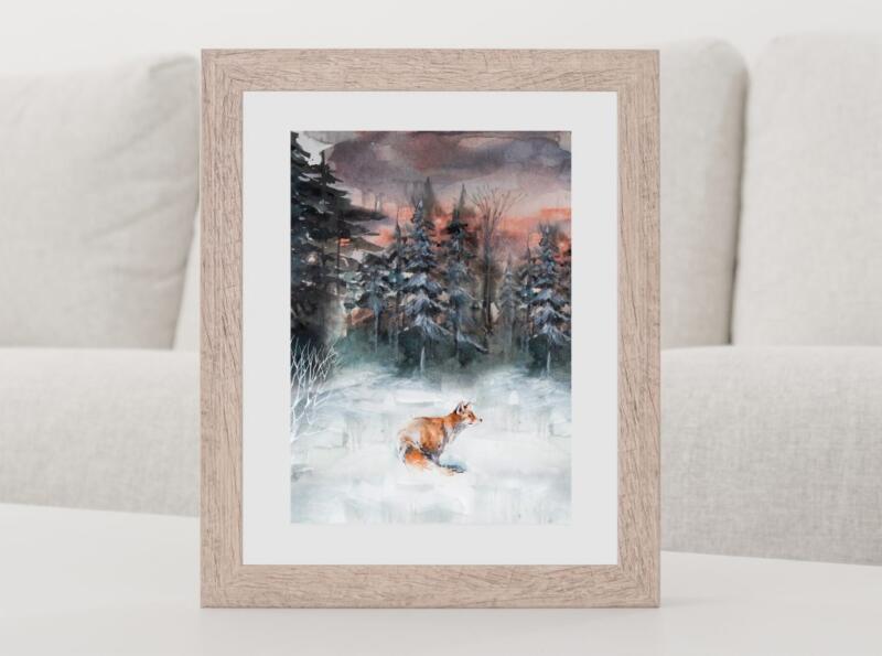 Wandbild Kunstdruck Aquarell Fuchs Winter Wald Illustration – Bild 2